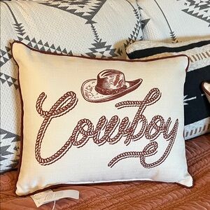 Cowboy Rope Embroidered Accent Pillow - Cream and Brown